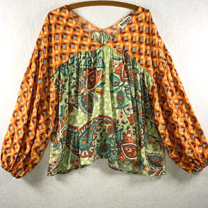 Women Patchwork Boho Peasant Top Sz M Oversized Colorful Festival Balloon Cotton